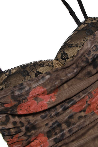 Vintage Sweetheart Rüschenbesatz Bedrucktes Mesh Slip Maxikleid - Blumen