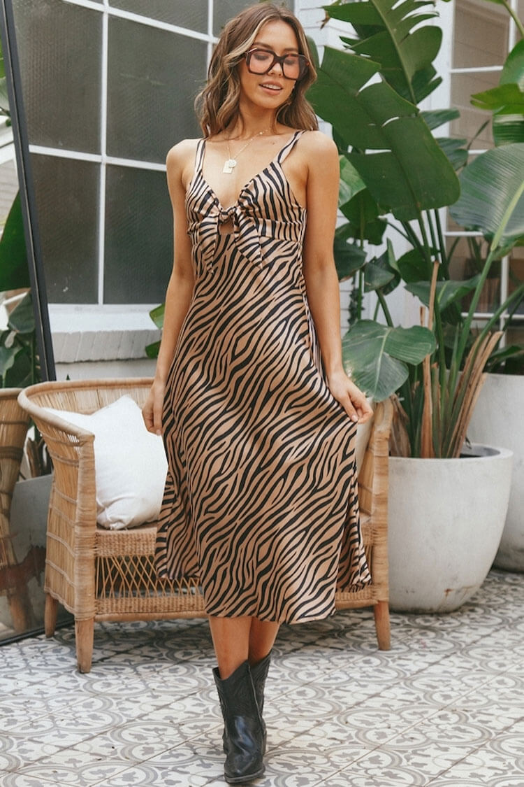 Vintage Zebra Print Bow Tie Satin Slip Midi Dress - Coffee