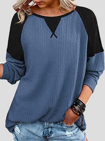 Waffle Stitching Round Neck Raglan Long Sleeve T-shirt