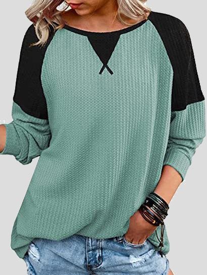 Waffle Stitching Round Neck Raglan Long Sleeve T-shirt