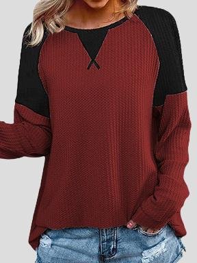 Waffle Stitching Round Neck Raglan Long Sleeve T-shirt