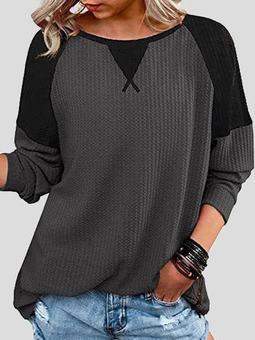 Waffle Stitching Round Neck Raglan Long Sleeve T-shirt