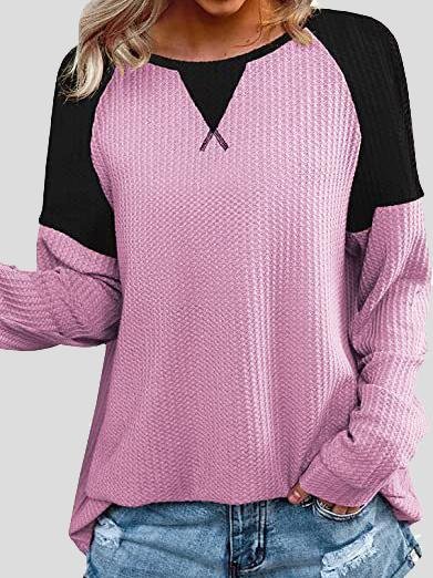 Waffle Stitching Round Neck Raglan Long Sleeve T-shirt