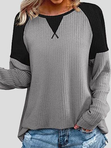 Waffle Stitching Round Neck Raglan Long Sleeve T-shirt