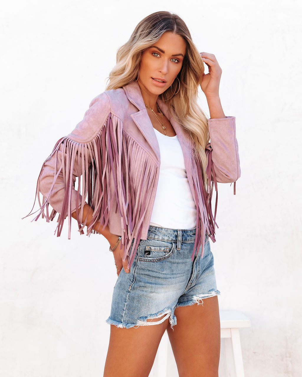 Walford Cropped Fringe Faux Suede Jacket - Lavender