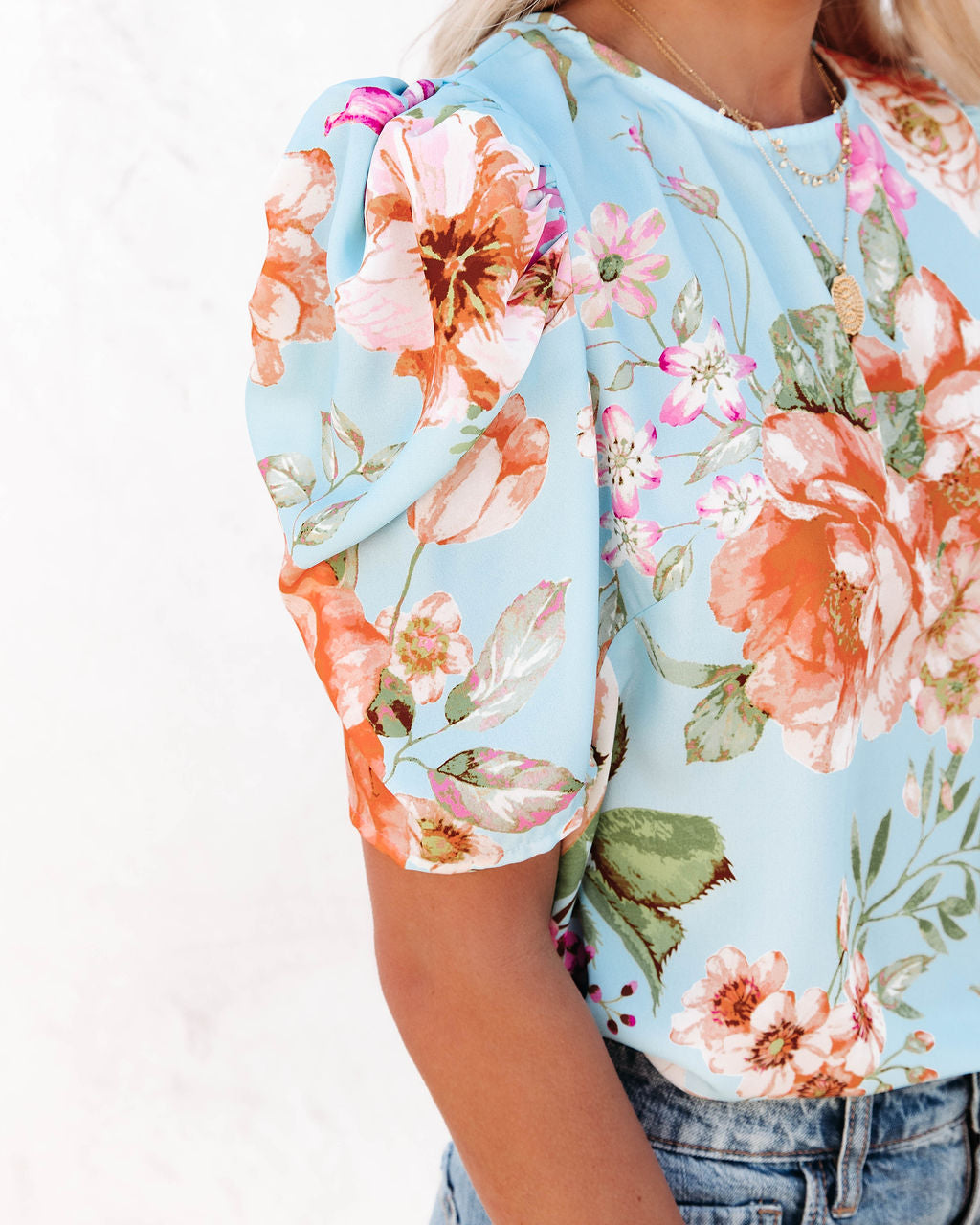 Warmer Days Floral Puff Sleeve Blouse - Blue Multi