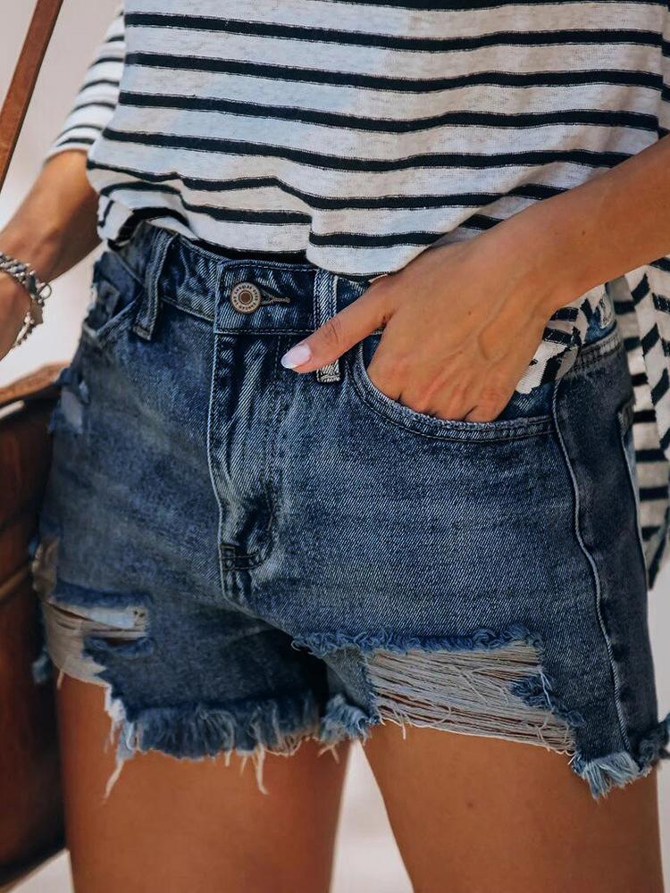 Short en jean déchiré avec micro-trous à franges