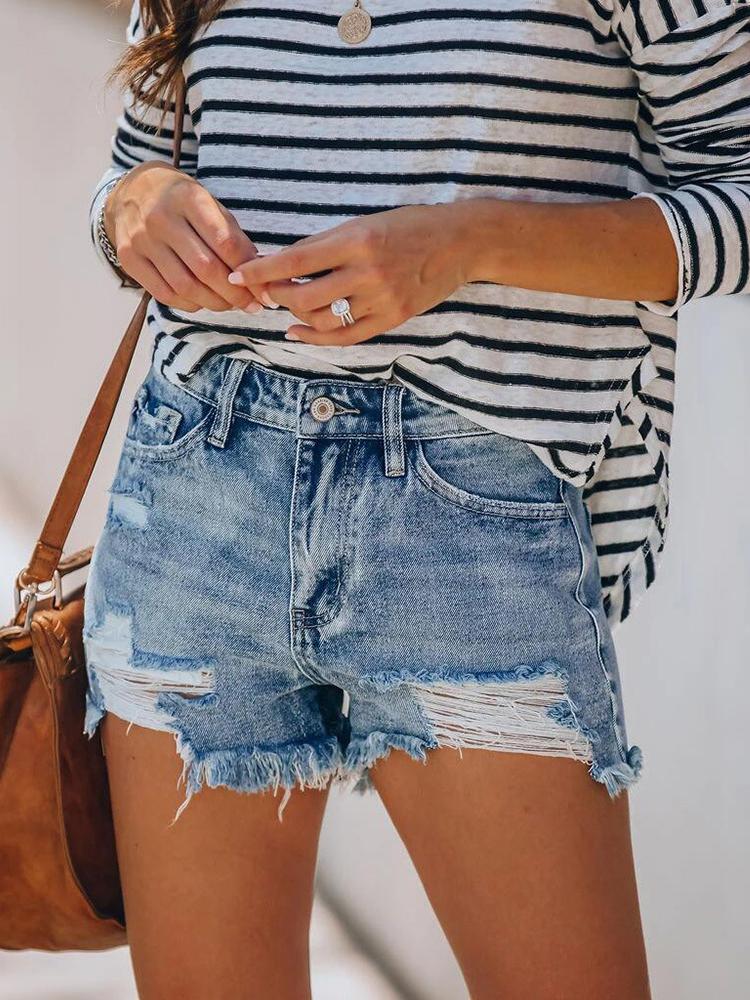 Washed Hot Pants With Micro Fringed Holes Ripped Denim Shorts