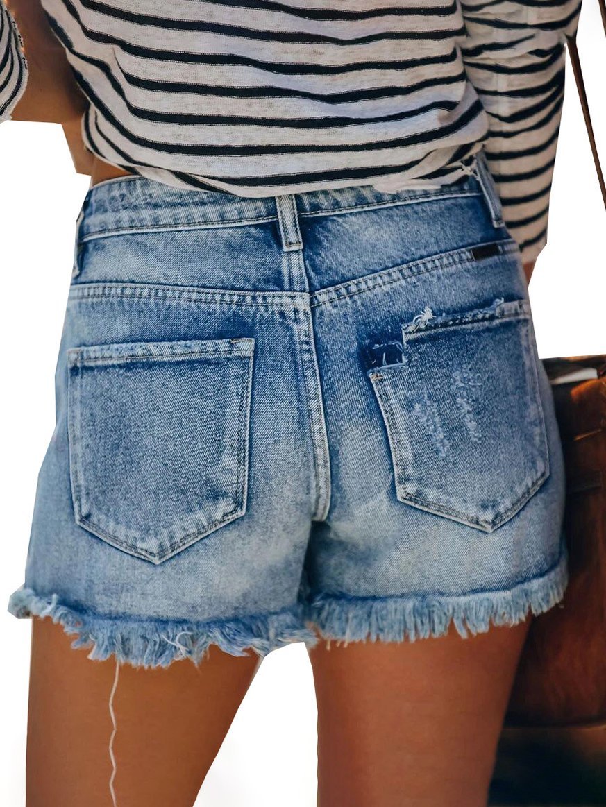 Washed Hot Pants With Micro Fringed Holes Ripped Denim Shorts