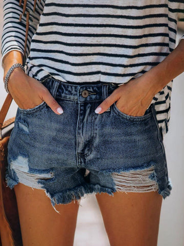 Short en jean déchiré avec micro-trous à franges