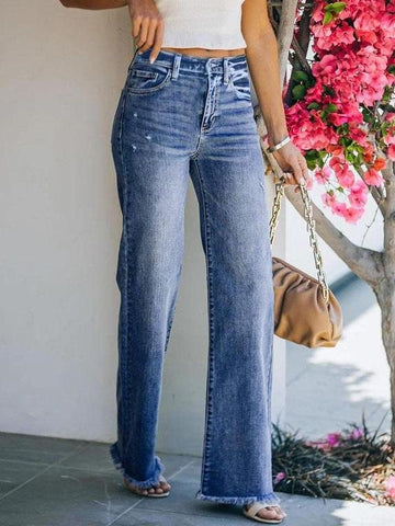 Washed Mid-waist Straight-leg Jeans