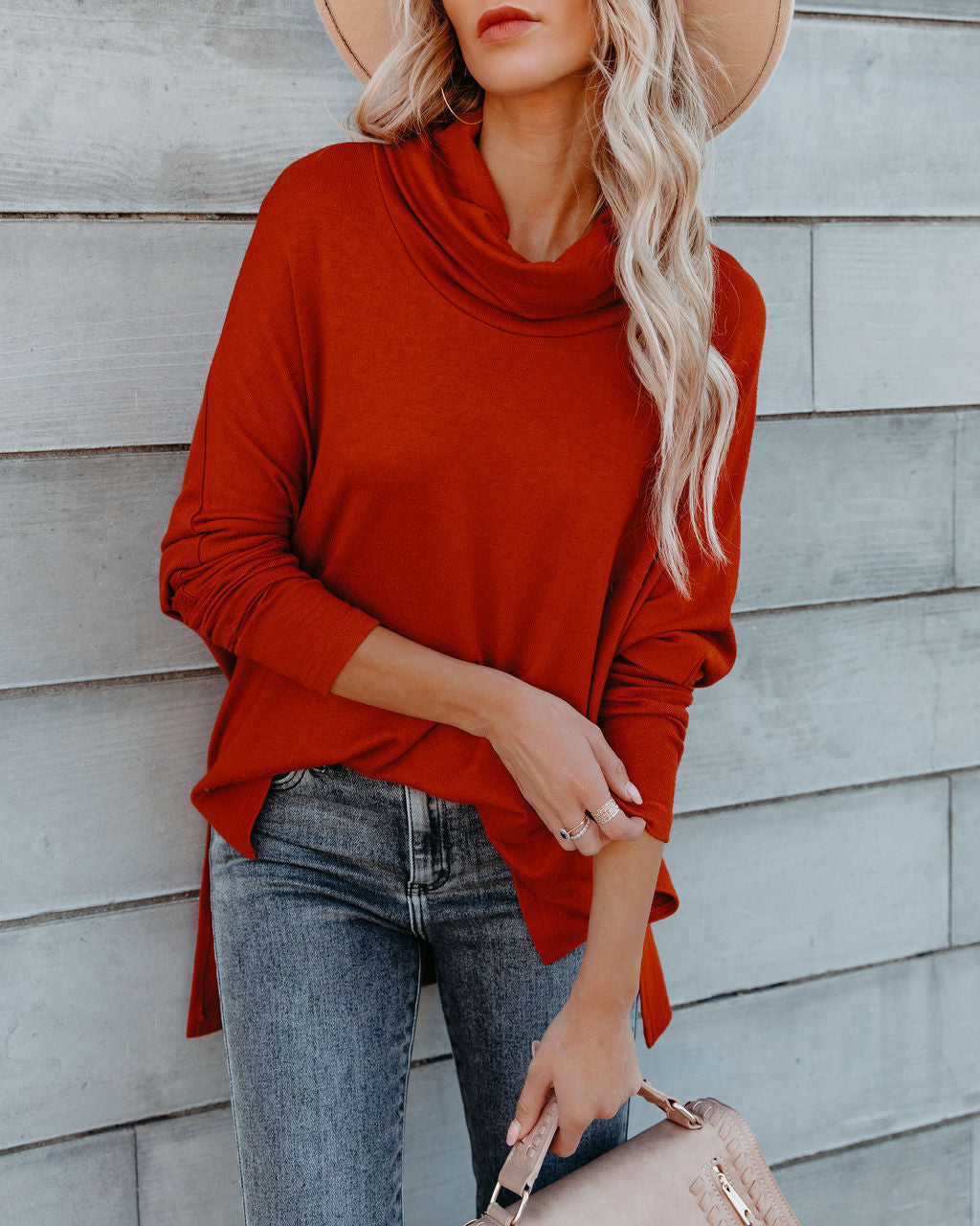 Westward Cowl Neck Knit Sweater - Brick