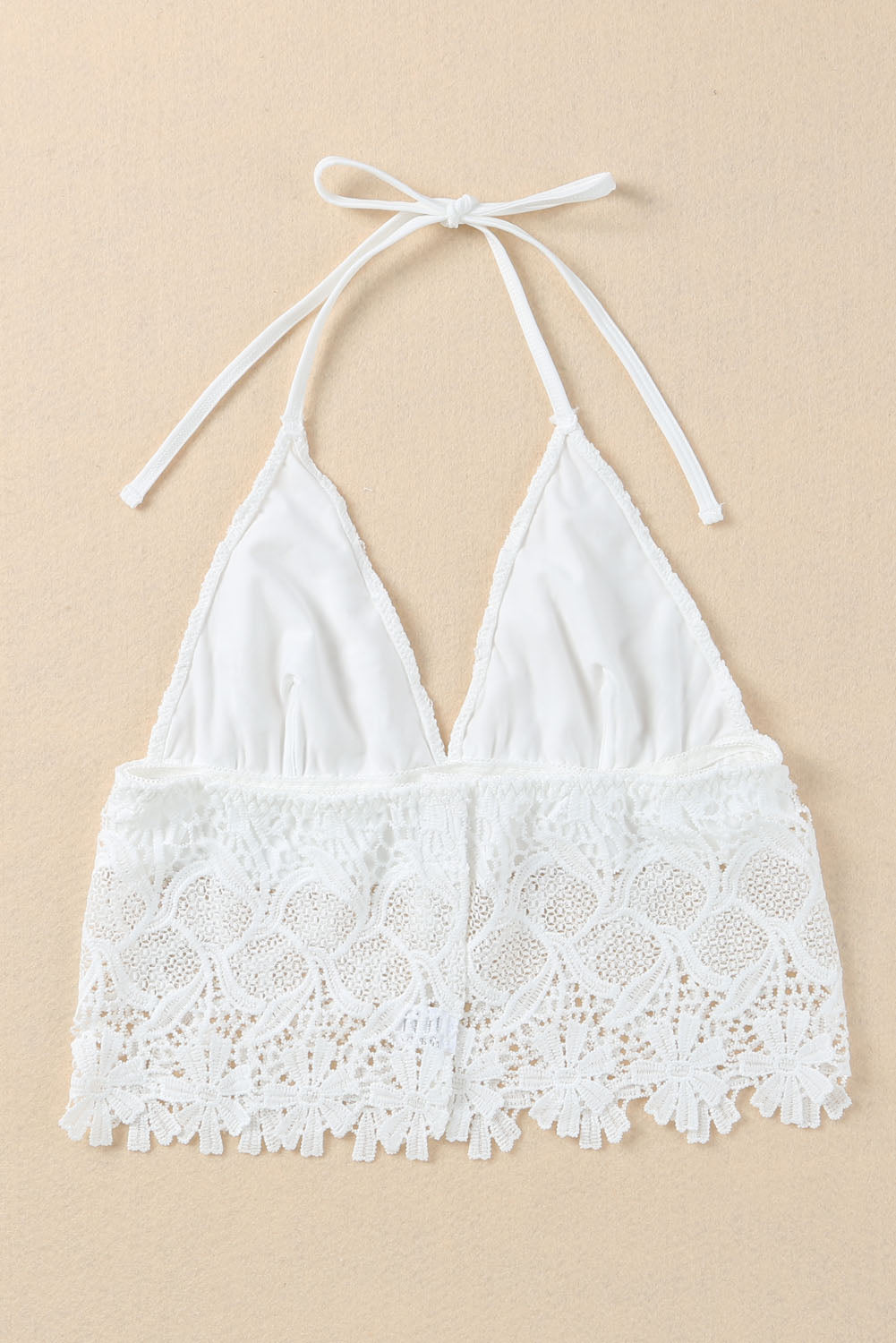 Weißes Neckholder-Bralette mit floraler Spitze und Häkel-Detail