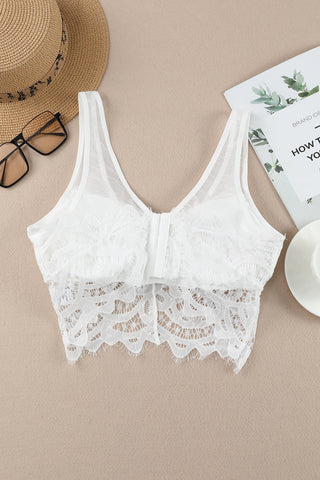 White Floral Lace Mesh Crochet Wide Strap V Neck Bralette