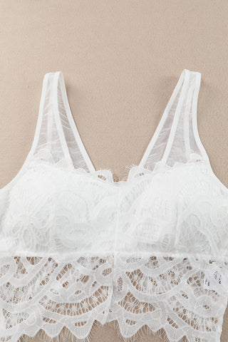 White Floral Lace Mesh Crochet Wide Strap V Neck Bralette