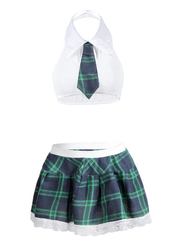 White Halter Tank Tops & Plaid Skirt Lingerie Set