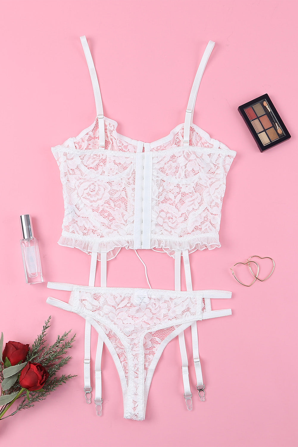 White Lace Criss Cross Lace-Up Ruffled Two-Piece Lingerie Set