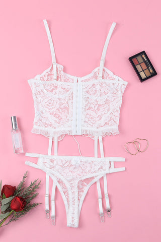 White Lace Criss Cross Lace-Up Ruffled Two-Piece Lingerie Set