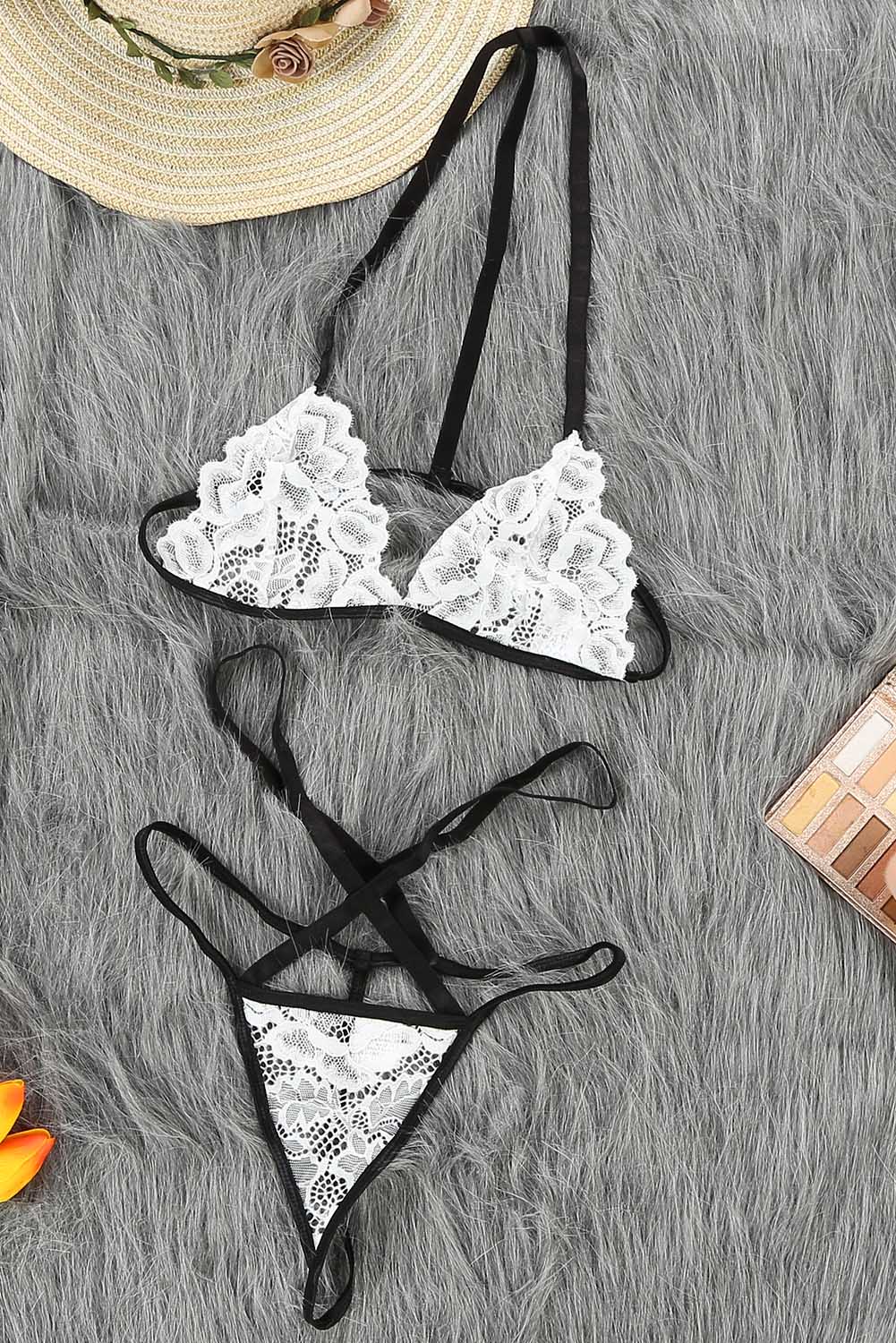 White Lace Halter Bralette And Strappy Thong Set