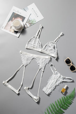 White Solid Lace Bralette Lingerie Set