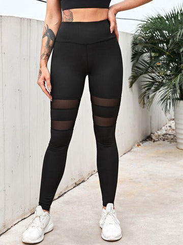 Wide Band Waist Contrast Mesh Sports Leggings