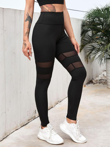 Wide Band Waist Contrast Mesh Sports Leggings