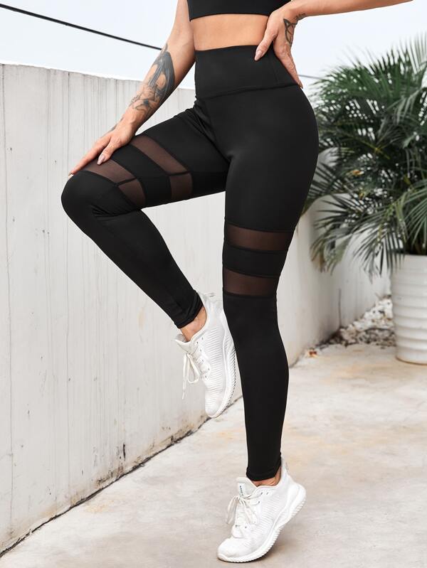 Wide Band Waist Contrast Mesh Sports Leggings