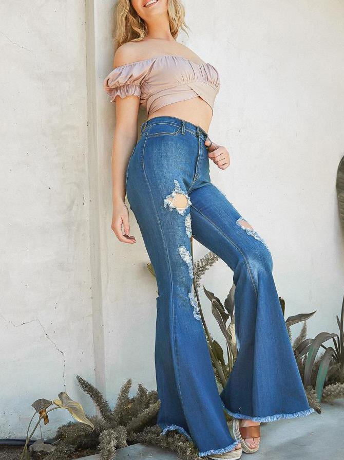 Wide-leg Trendy Ripped Denim Stretch Flared Pants