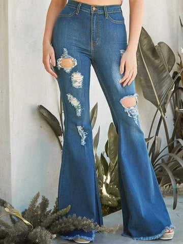 Wide-leg Trendy Ripped Denim Stretch Flared Pants