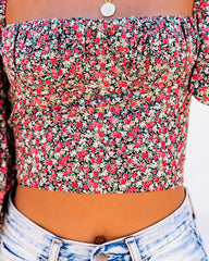 Wili Floral Puff Sleeve Bustier Crop Top