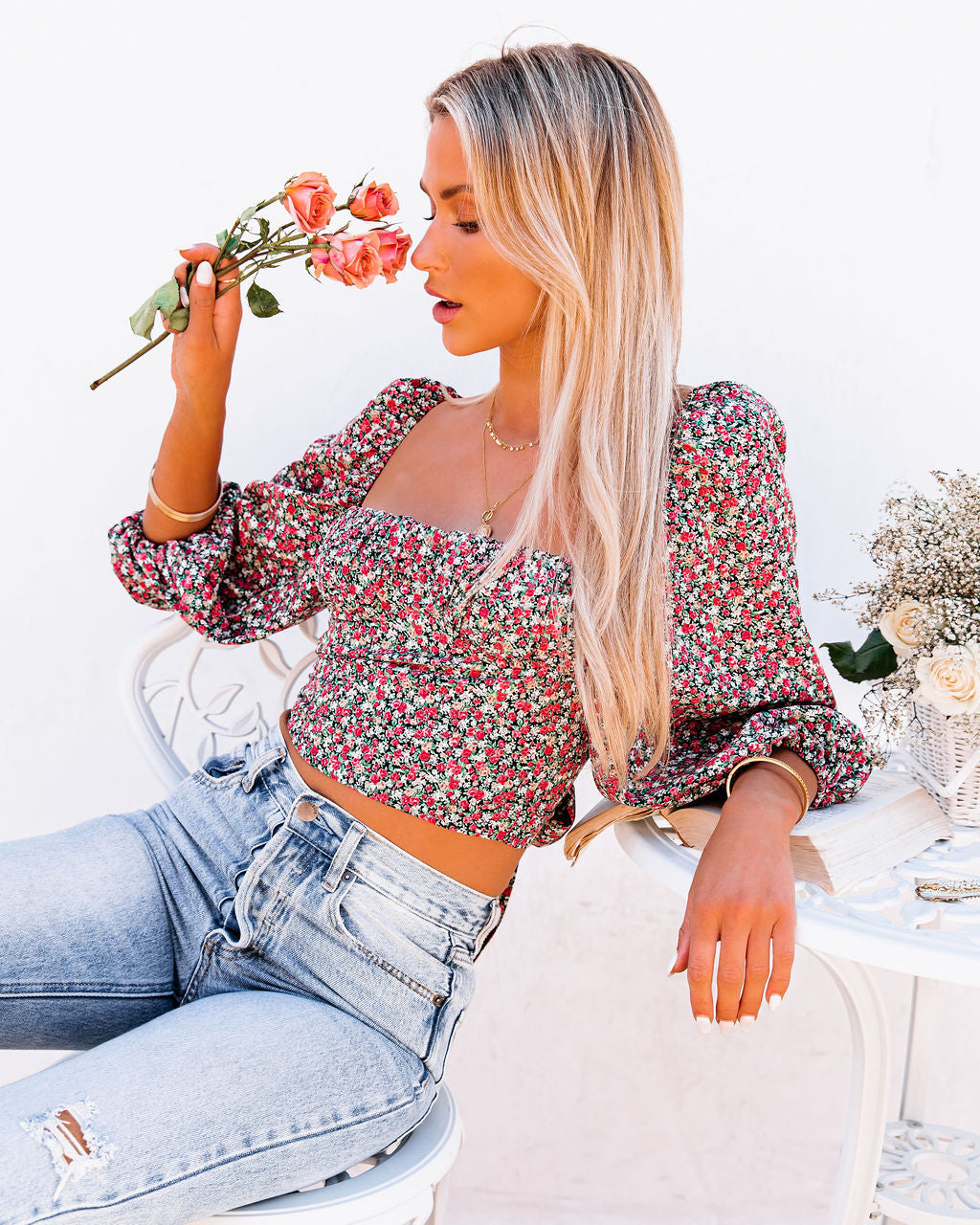 Wili Floral Puff Sleeve Bustier Crop Top