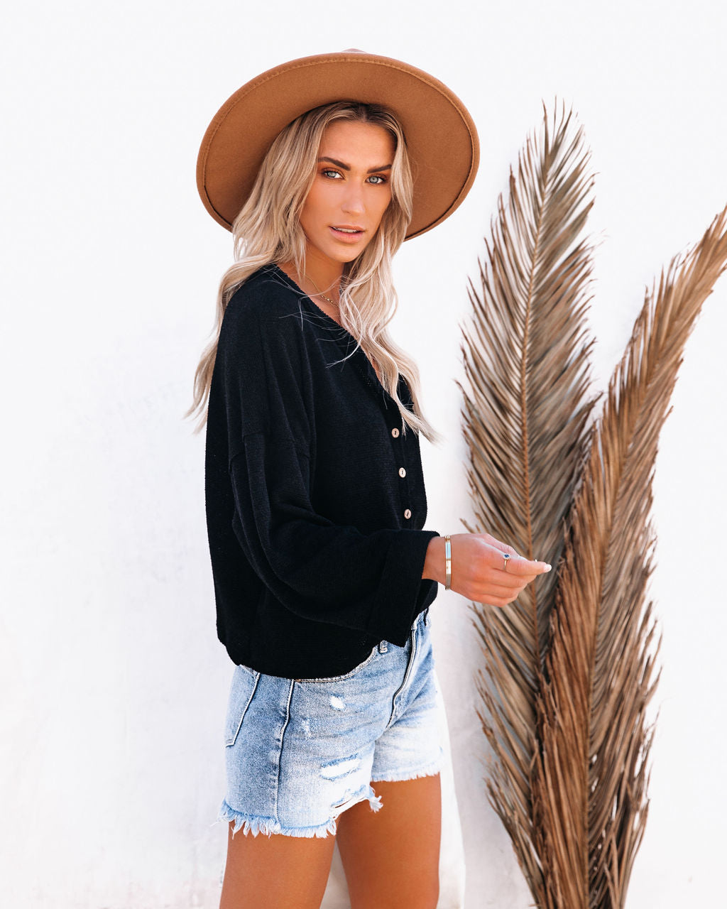 Windswept Relaxed Knit Henley Top - Black
