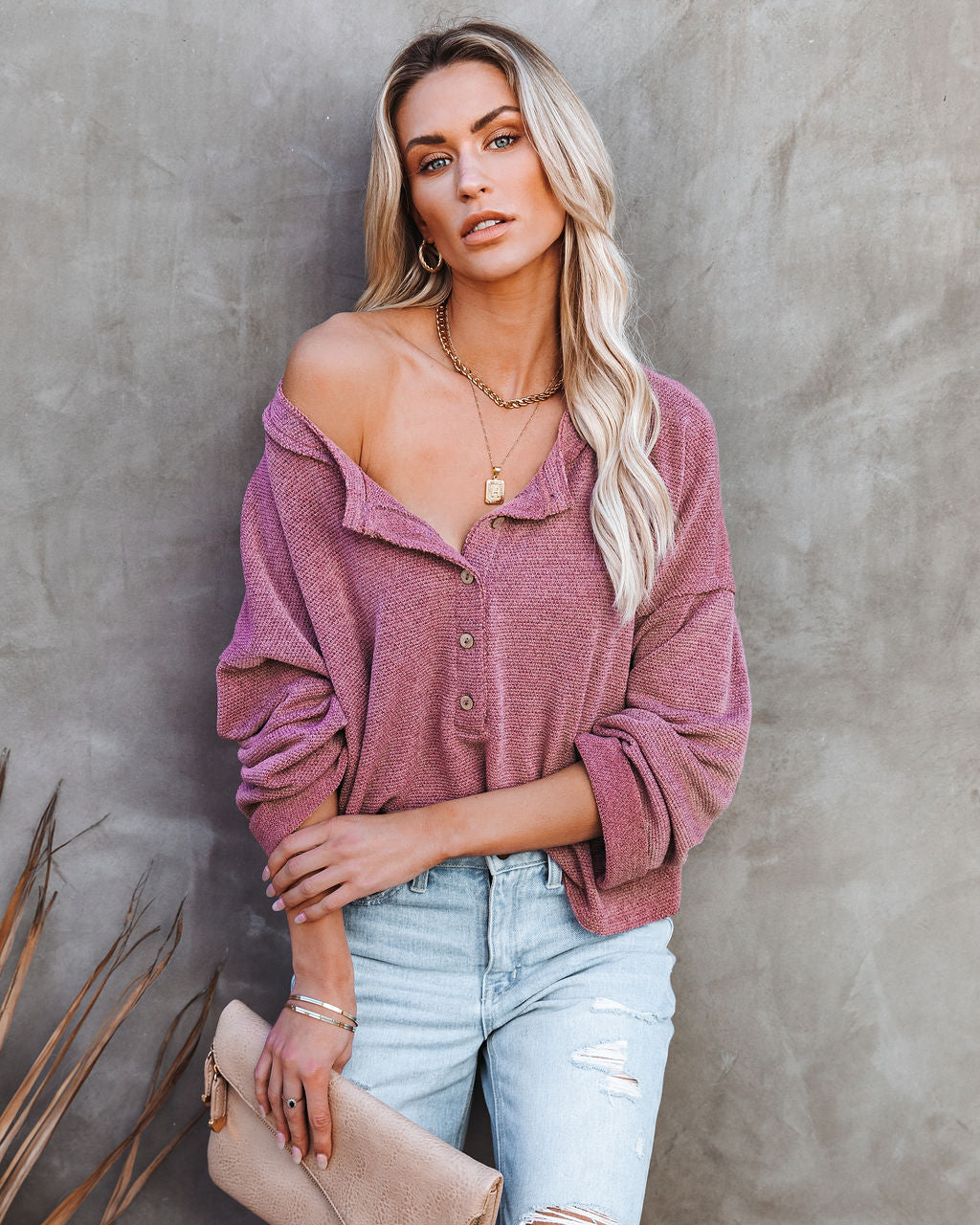 Windswept Relaxed Knit Henley Top - Mauve