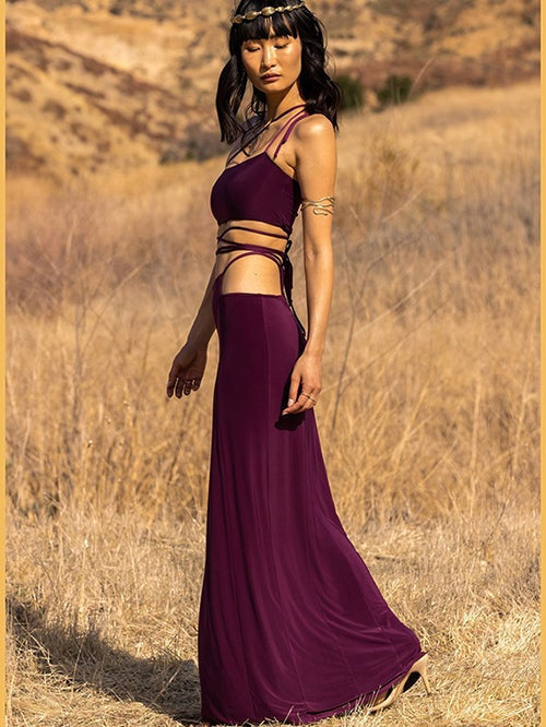Solid Color Sleeveless Lace-Up Open Irregular Long Skirt Set