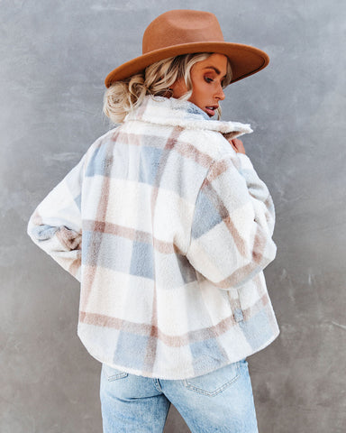 Winter's Tale Pocketed Plaid Faux Fur Jacket