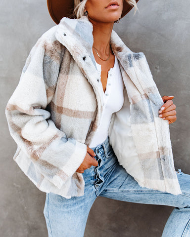 Winter's Tale Pocketed Plaid Faux Fur Jacket