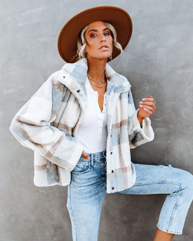 Winter's Tale Pocketed Plaid Faux Fur Jacket