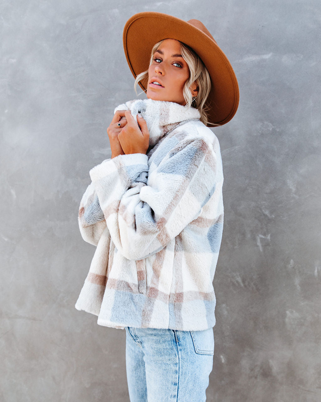 Winter's Tale Pocketed Plaid Faux Fur Jacket