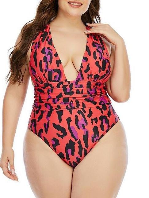 Wireless Retro Animal Print Plus One-piece Swimsuit