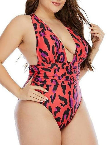 Wireless Retro Animal Print Plus One-piece Swimsuit