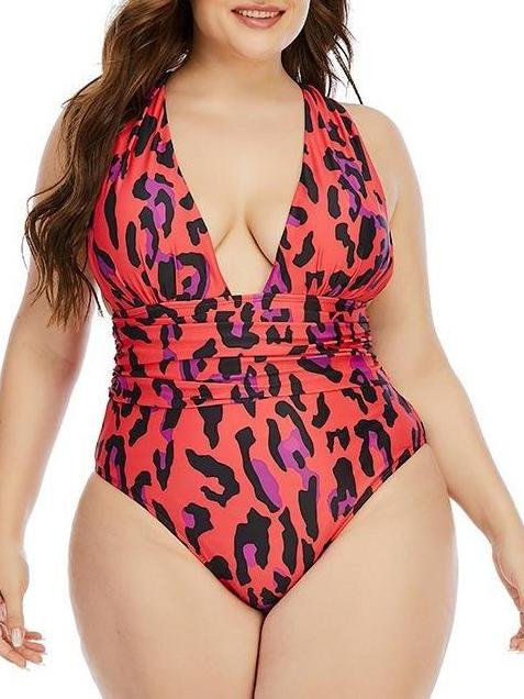 Wireless Retro Animal Print Plus One-piece Swimsuit