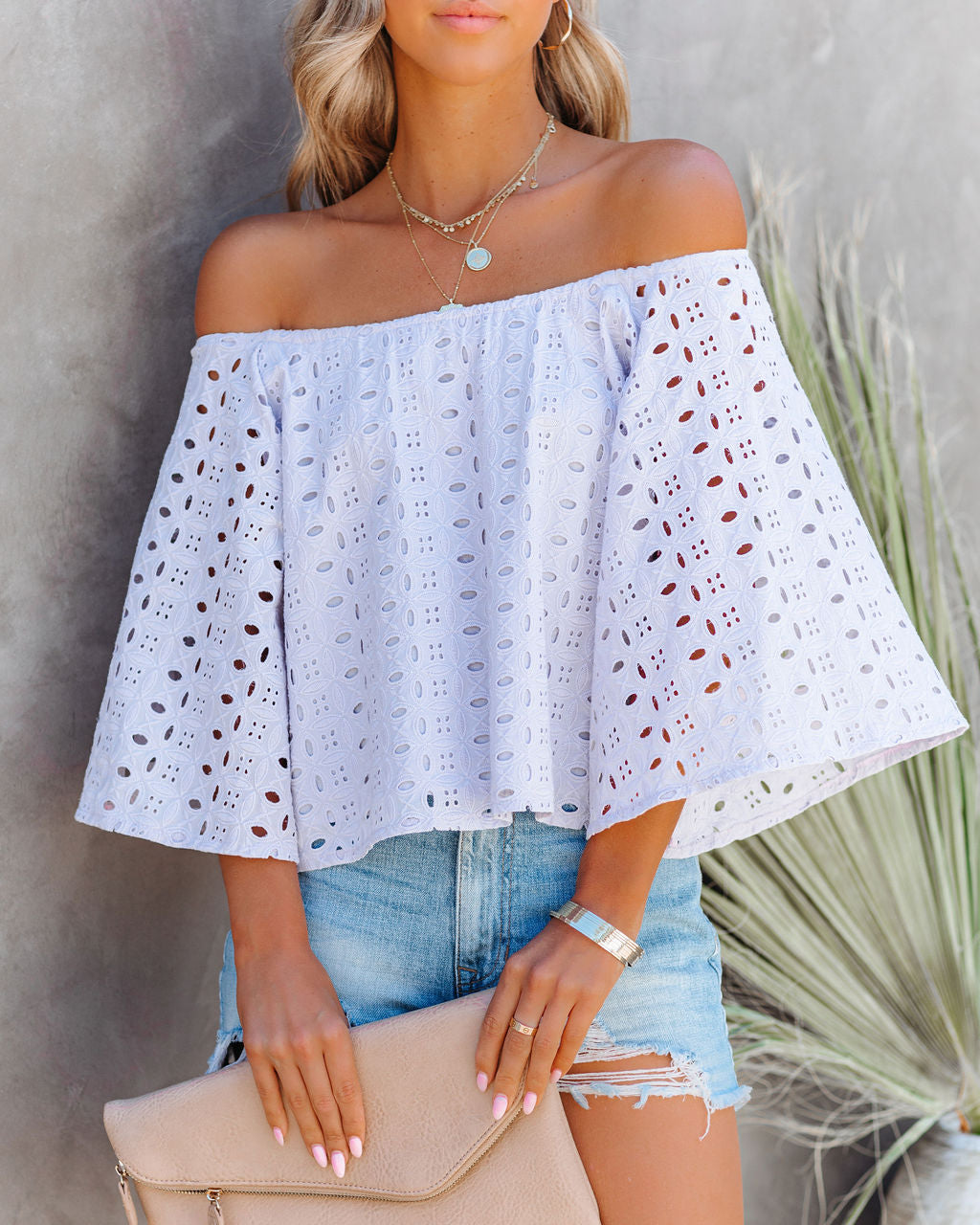 Withdrawn Cotton Eyelet Off The Shoulder Top - Lilac