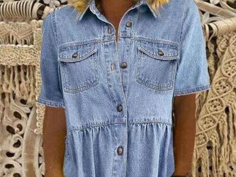 Damen Button-Down-Jeanskleid mit lockeren, kurzärmeligen Ärmeln