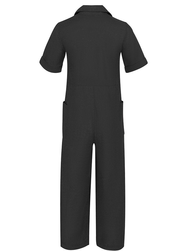 Solid Color Short Sleeve Button Up Jumpsuit