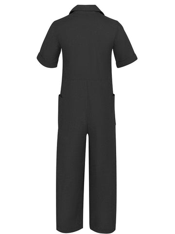 Solid Color Short Sleeve Button Up Jumpsuit