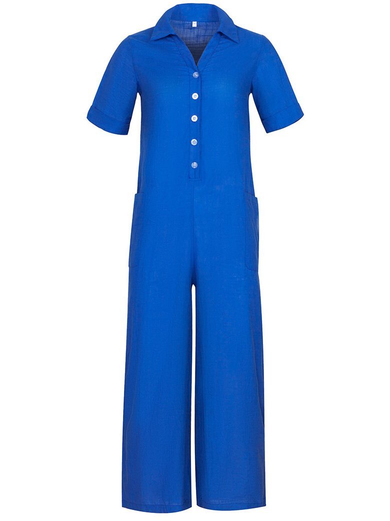 Solid Color Short Sleeve Button Up Jumpsuit