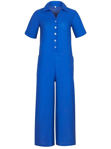 Solid Color Short Sleeve Button Up Jumpsuit