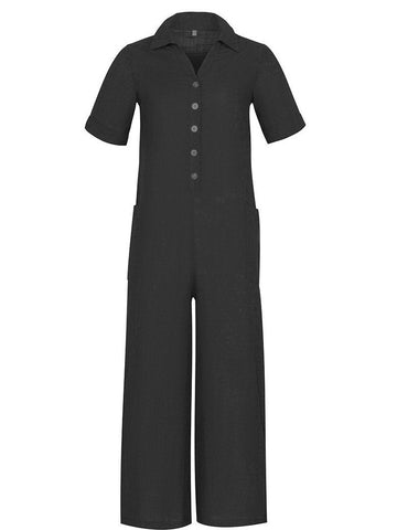 Solid Color Short Sleeve Button Up Jumpsuit