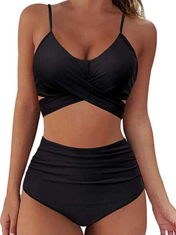 Damen Criss Cross Bikini Set Push Up Hohe Taille 2-teiliger Badeanzug Badeanzüge