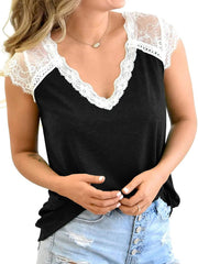 Women Crochet Lace Basic V-Neck T-Shirt Short Sleeve Loose Fitting Tunic